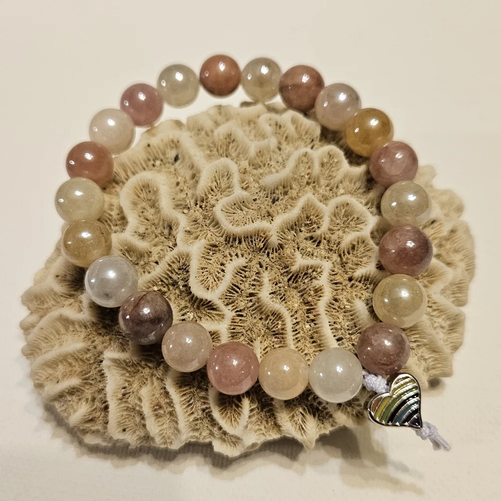 Elegant SUNSTONE Beaded Stretch Bracelet with Colorful Heart Charm ♡ Handmade ♡ - Picture 6 of 10